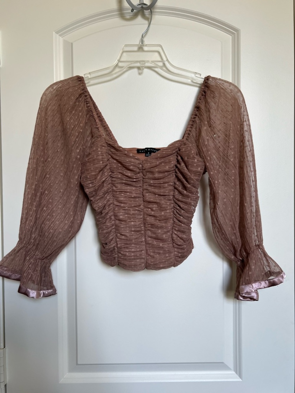 Haute Monde Mauve Pink Polka Dot Mesh Ruched Long Sleeve Blouse - Size S